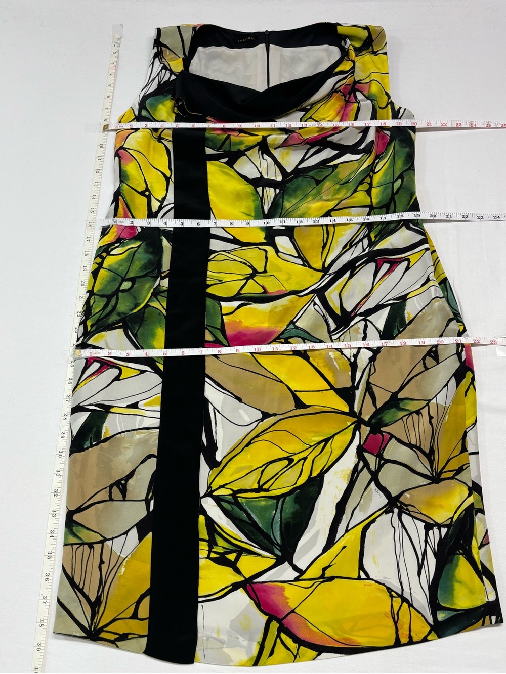 ESCADA Vibrant Leaf Print Cowl Neck Sheath Dress w/Belt 100% Silk Size 12 /INT42 - Picture 7 of 11